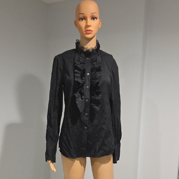 Ann Taylor Black Ruffled Long Sleeve Blouse - Picture 1 of 7